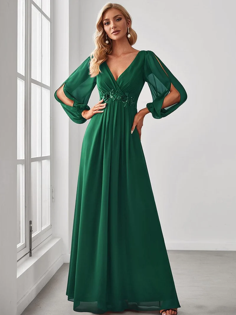 ever AMOUR|Robe Mère De La Mariée moderne Longue Elegante Avec Lanterne en V Profond
