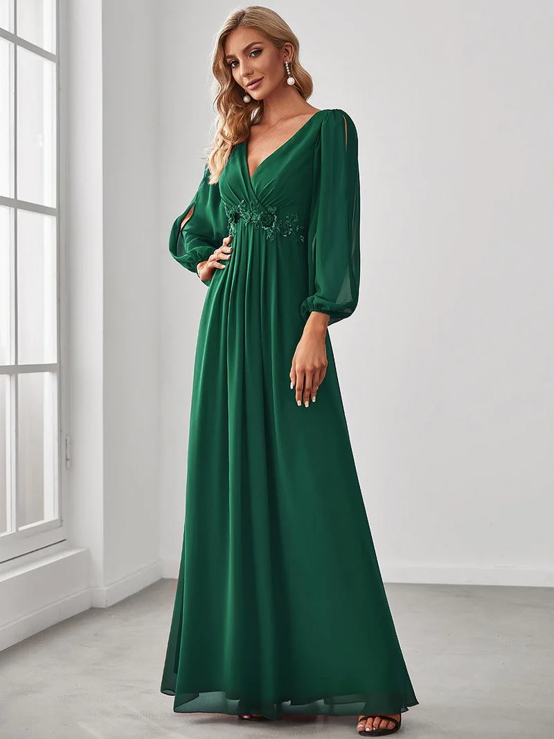ever AMOUR|Robe Mère De La Mariée moderne Longue Elegante Avec Lanterne en V Profond
