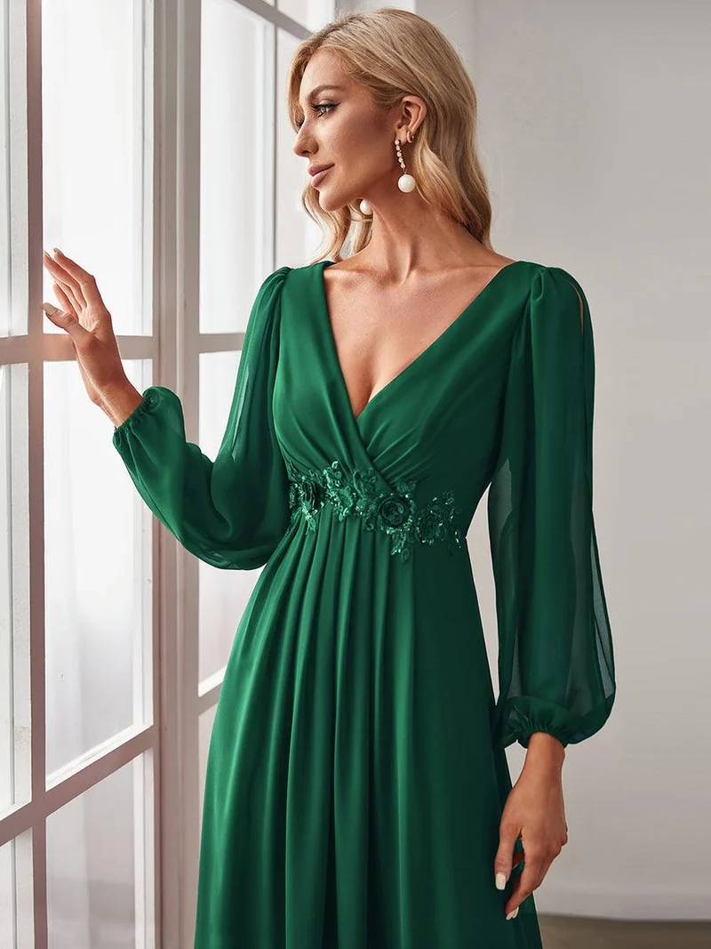 ever AMOUR|Robe Mère De La Mariée moderne Longue Elegante Avec Lanterne en V Profond