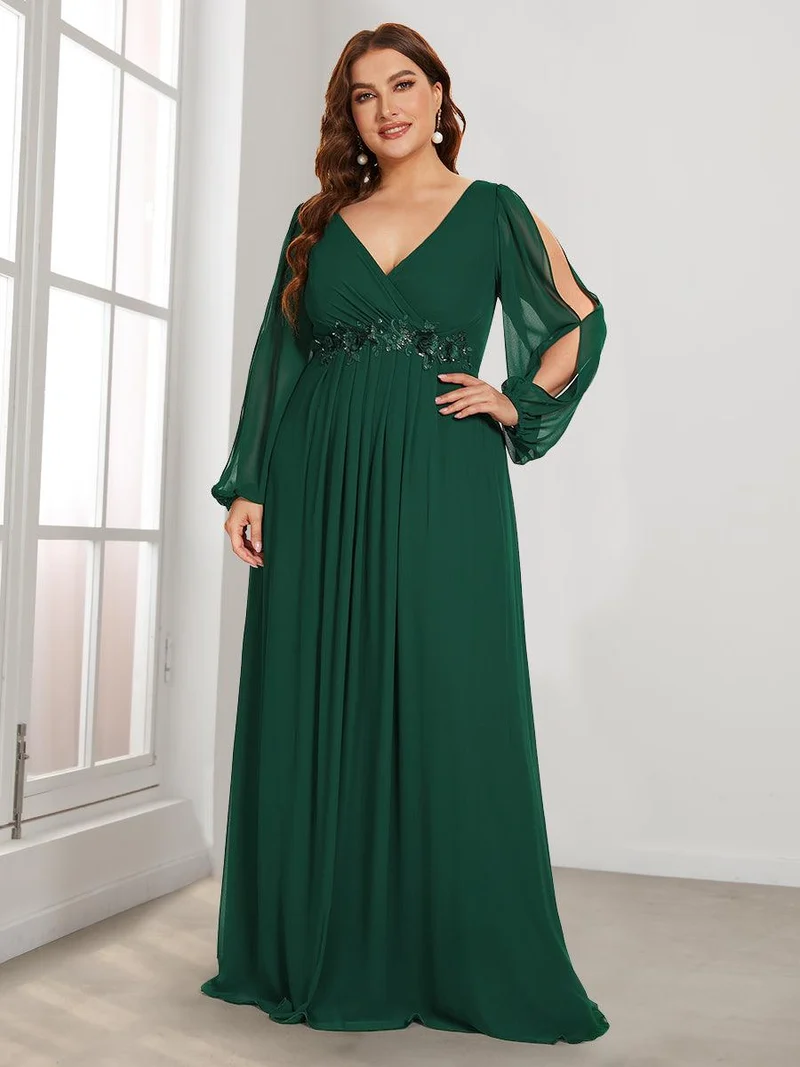 ever AMOUR|Robe Mère De La Mariée moderne Longue Elegante Avec Lanterne en V Profond
