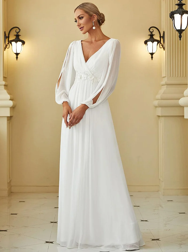 ever AMOUR|Robe Mère De La Mariée moderne Longue Elegante Avec Lanterne en V Profond