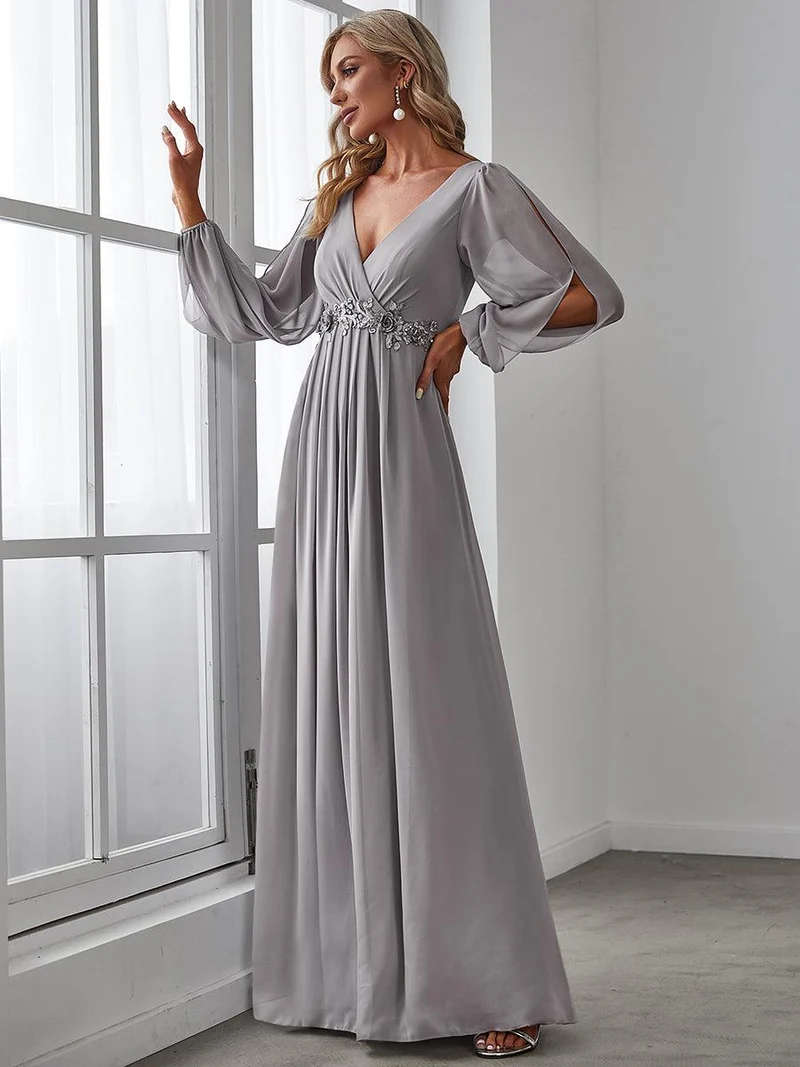 ever AMOUR|Robe Mère De La Mariée moderne Longue Elegante Avec Lanterne en V Profond
