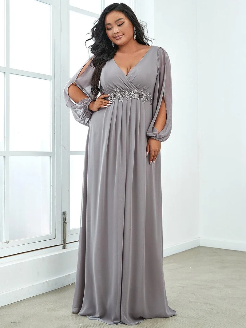 ever AMOUR|Robe Mère De La Mariée moderne Longue Elegante Avec Lanterne en V Profond
