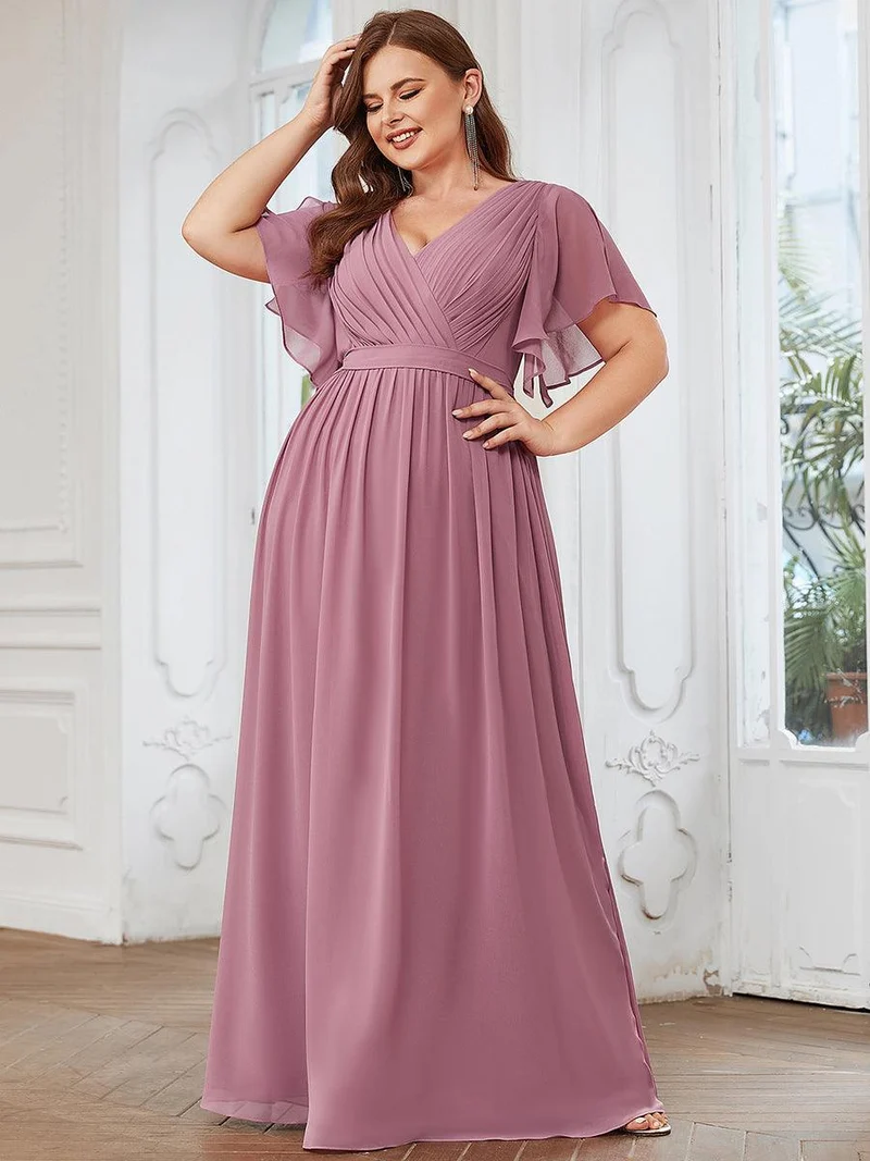 pretty LEORA|Robe mariage invitée en mousseline de soie longue de grande taille à encolure en V Maxi