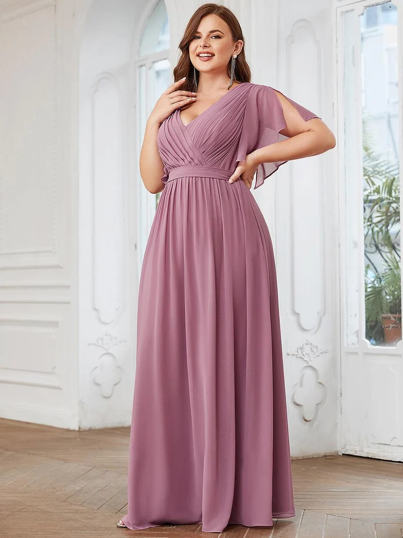 pretty LEORA|Robe mariage invitée en mousseline de soie longue de grande taille à encolure en V Maxi