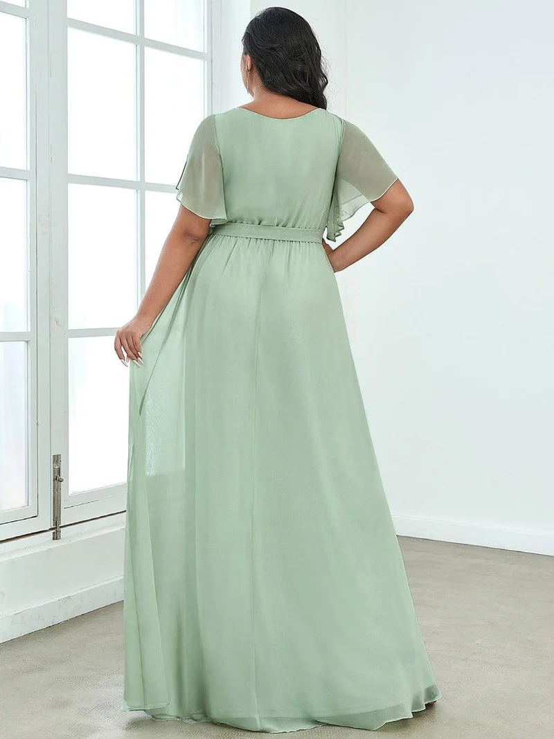 pretty LEORA|Robe mariage invitée en mousseline de soie longue de grande taille à encolure en V Maxi