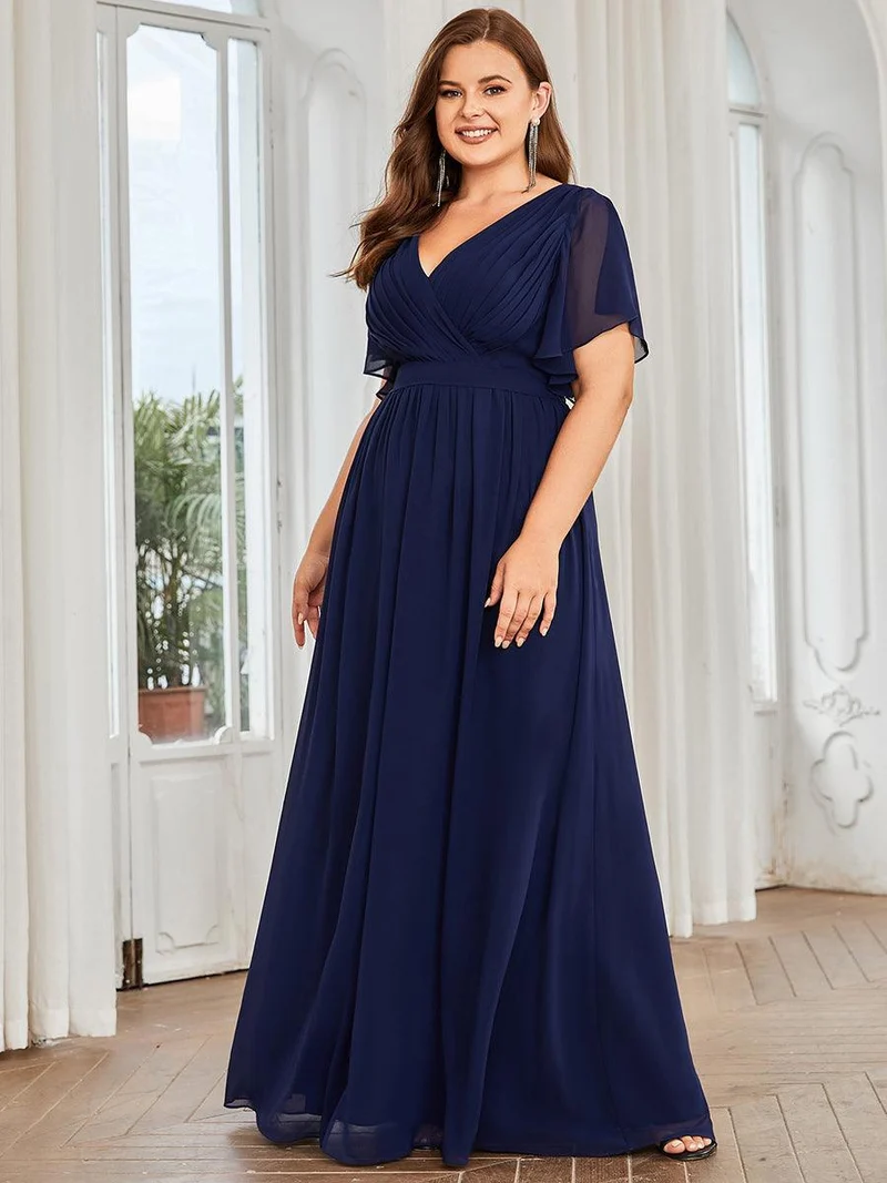 pretty LEORA|Robe mariage invitée en mousseline de soie longue de grande taille à encolure en V Maxi