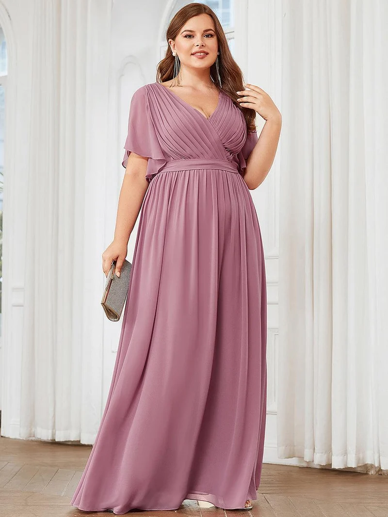 pretty LEORA|Robe mariage invitée en mousseline de soie longue de grande taille à encolure en V Maxi