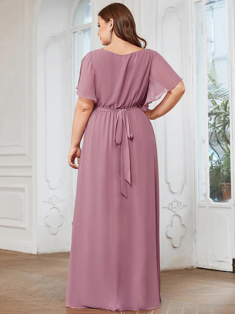 pretty LEORA|Robe mariage invitée en mousseline de soie longue de grande taille à encolure en V Maxi