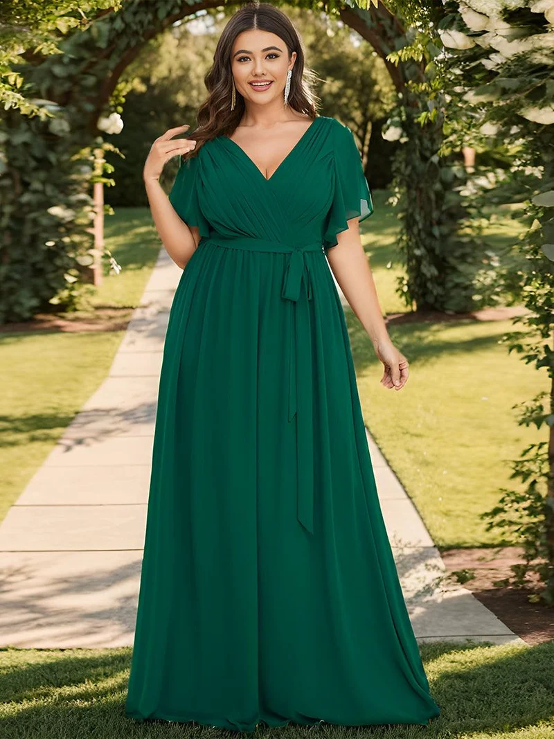 pretty LEORA|Robe mariage invitée en mousseline de soie longue de grande taille à encolure en V Maxi