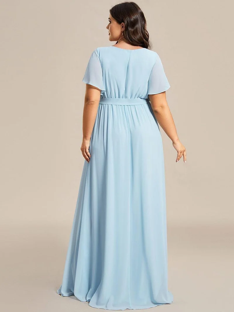 pretty LEORA|Robe mariage invitée en mousseline de soie longue de grande taille à encolure en V Maxi