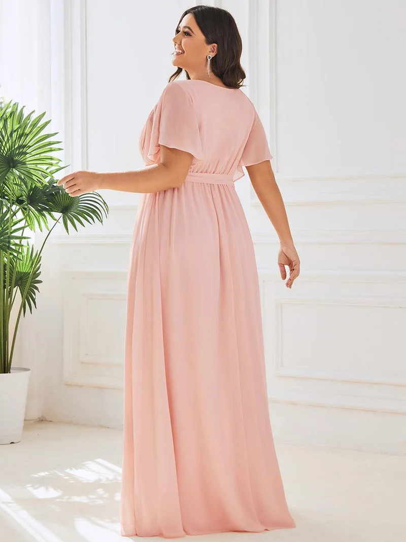 pretty LEORA|Robe mariage invitée en mousseline de soie longue de grande taille à encolure en V Maxi