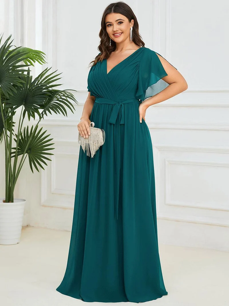 pretty LEORA|Robe mariage invitée en mousseline de soie longue de grande taille à encolure en V Maxi
