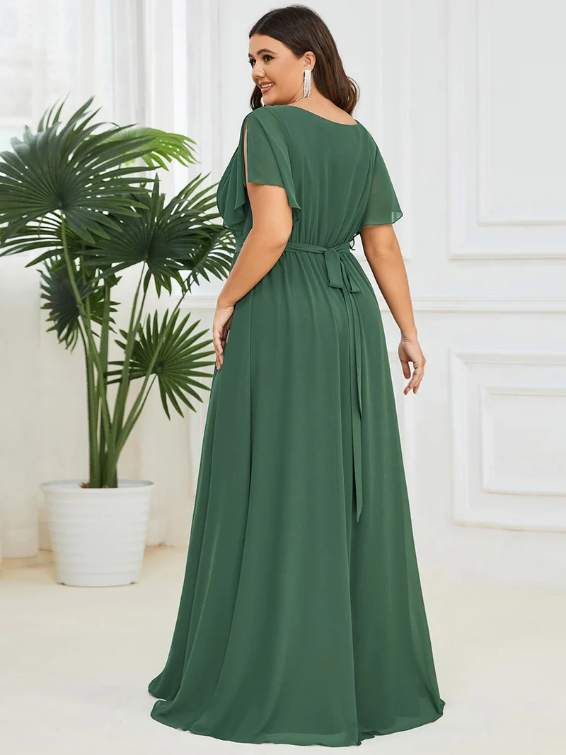 pretty LEORA|Robe mariage invitée en mousseline de soie longue de grande taille à encolure en V Maxi