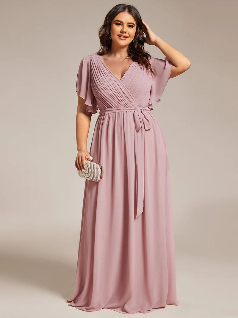 pretty LEORA|Robe de soirée en mousseline de soie longue de grande taille à encolureen V Maxi