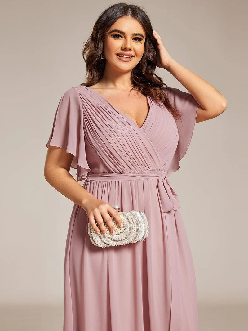 pretty LEORA|Robe de soirée en mousseline de soie longue de grande taille à encolureen V Maxi