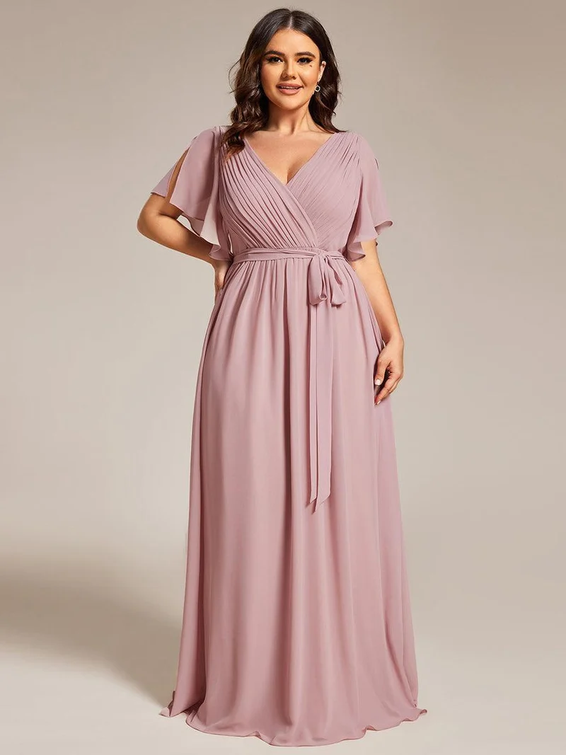 pretty LEORA|Robe de soirée en mousseline de soie longue de grande taille à encolureen V Maxi