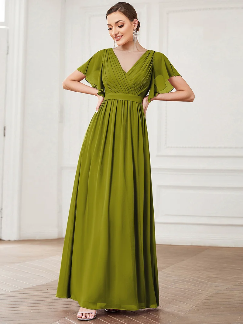 pretty LEORA|Robe mariage invitée en mousseline de soie longue de grande taille à encolure en V Maxi