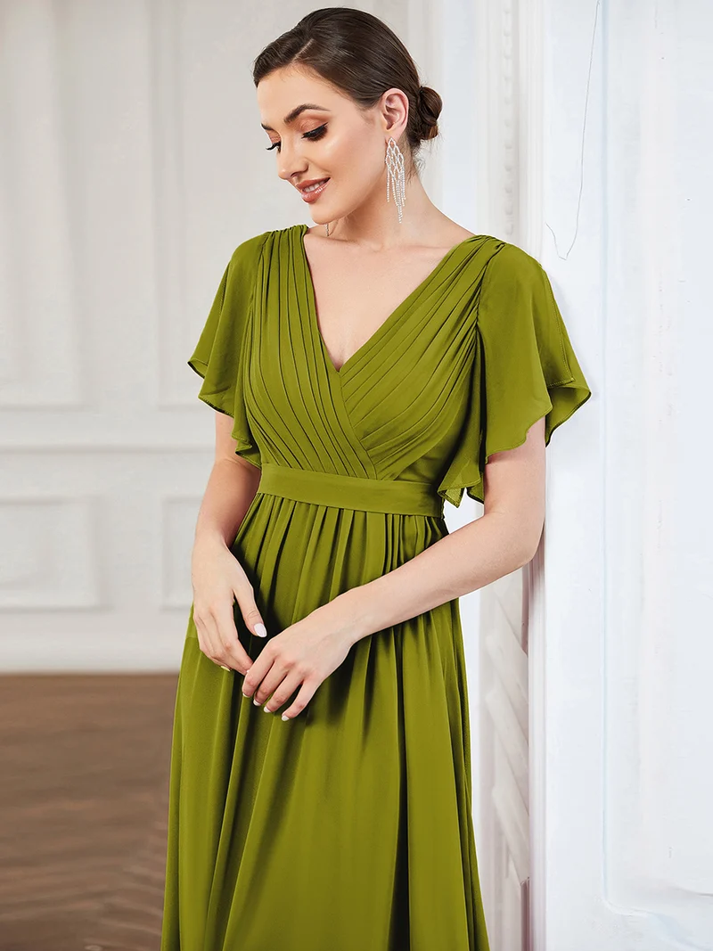 pretty LEORA|Robe mariage invitée en mousseline de soie longue de grande taille à encolure en V Maxi