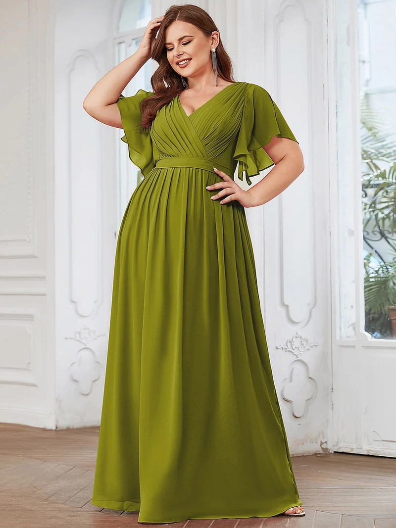 pretty LEORA|Robe mariage invitée en mousseline de soie longue de grande taille à encolure en V Maxi