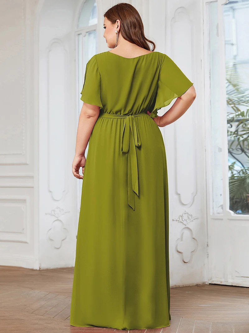pretty LEORA|Robe mariage invitée en mousseline de soie longue de grande taille à encolure en V Maxi