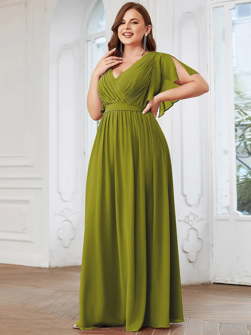 pretty LEORA|Robe mariage invitée en mousseline de soie longue de grande taille à encolure en V Maxi