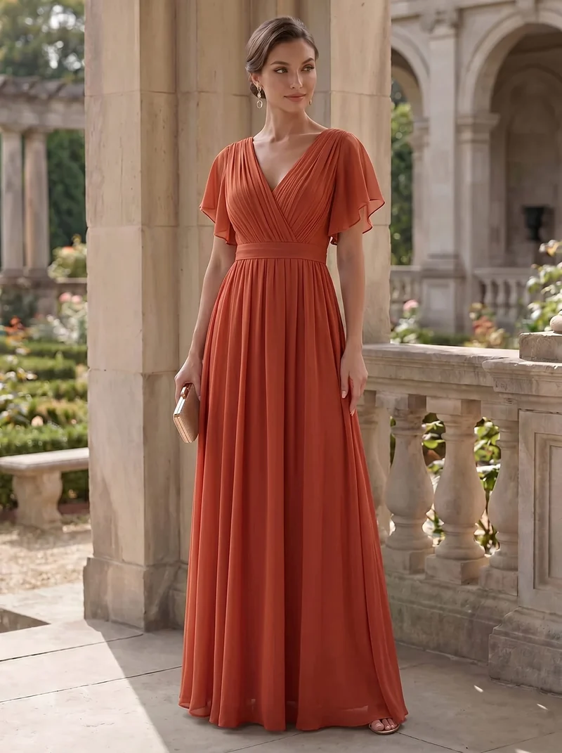 ever LEORA|Robe d’invitée de mariage en mousseline de soie à col V et à manches flottantes