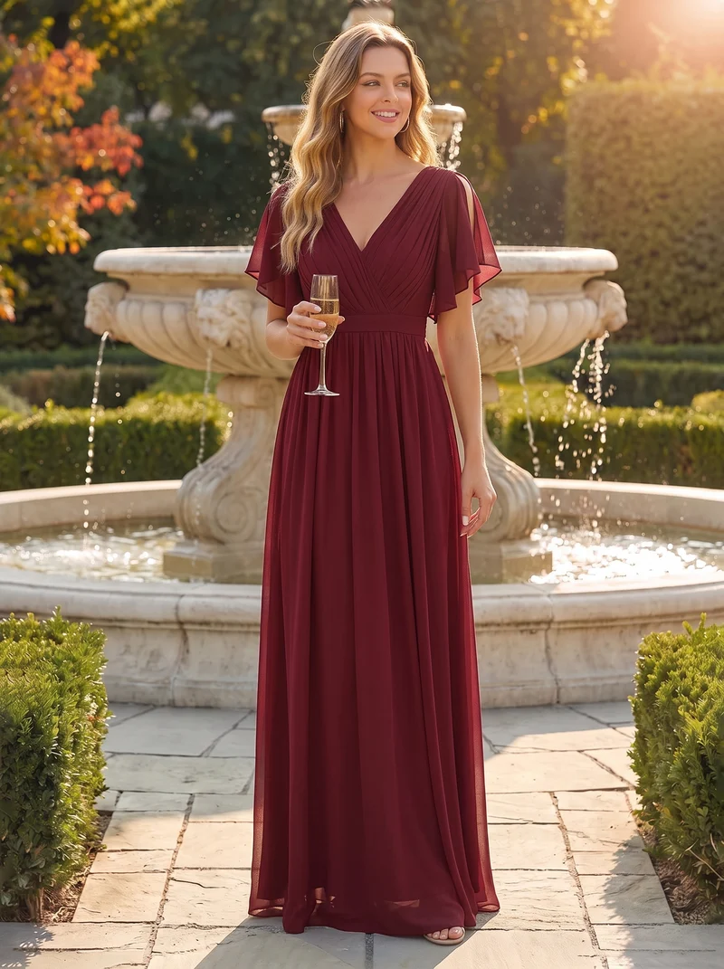 ever LEORA|Robe d’invitée de mariage en mousseline de soie à col V et à manches flottantes