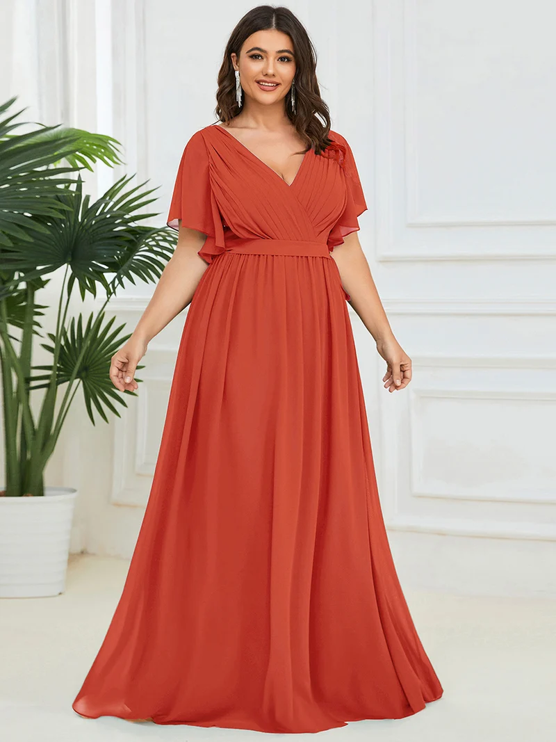 pretty LEORA|Robe de soirée en mousseline de soie longue de grande taille à encolureen V Maxi