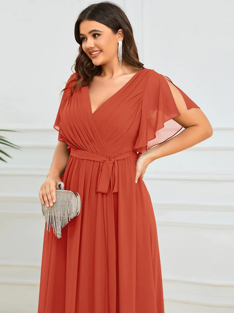 pretty LEORA|Robe de soirée en mousseline de soie longue de grande taille à encolureen V Maxi