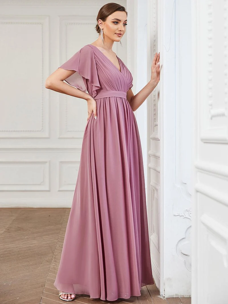 ever LEORA|Robe d’invitée de mariage en mousseline de soie à col V et à manches flottantes