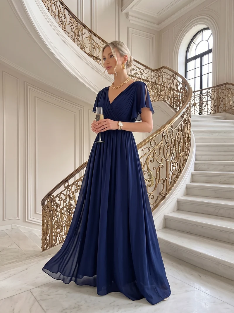 ever LEORA|Robe d’invitée de mariage en mousseline de soie à col V et à manches flottantes