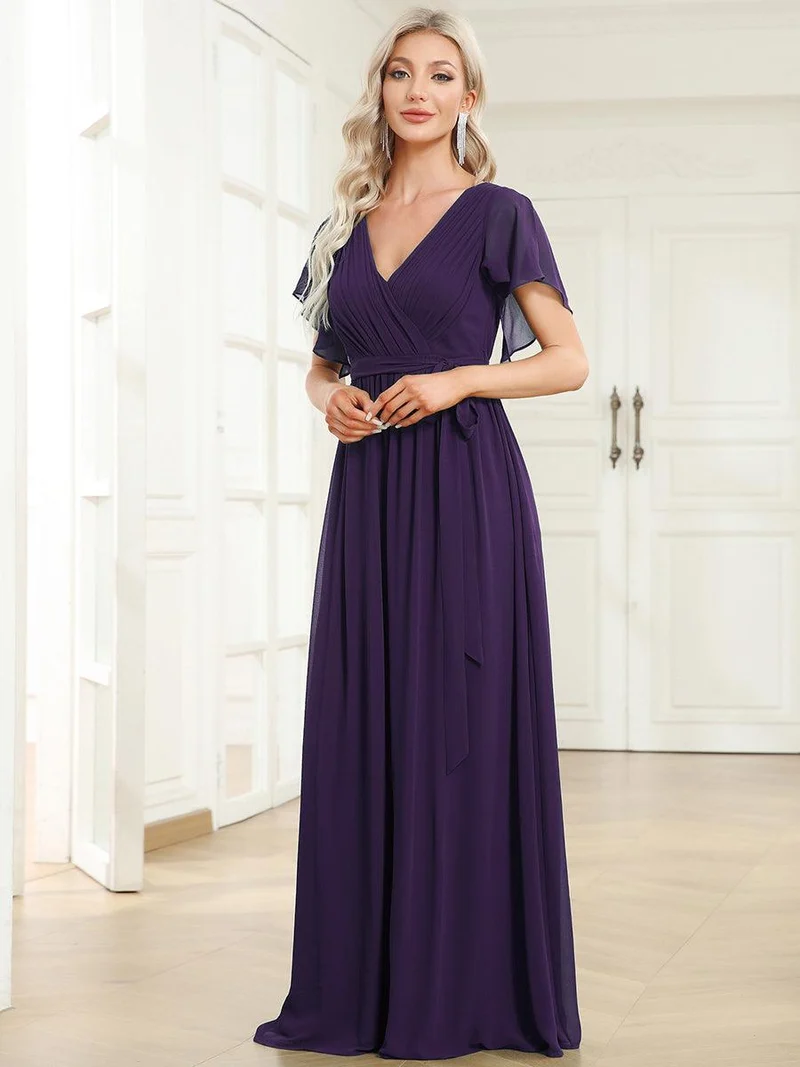 ever LEORA|Robe d’invitée de mariage en mousseline de soie à col V et à manches flottantes