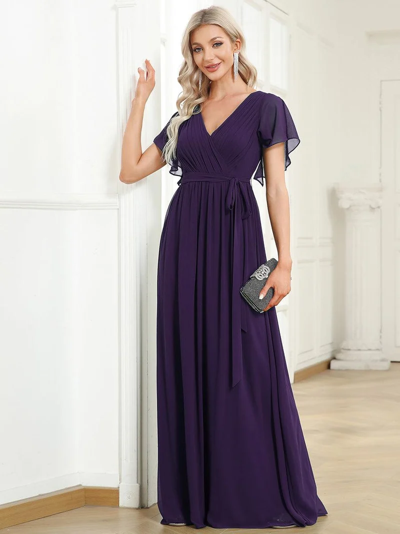 ever LEORA|Robe d’invitée de mariage en mousseline de soie à col V et à manches flottantes