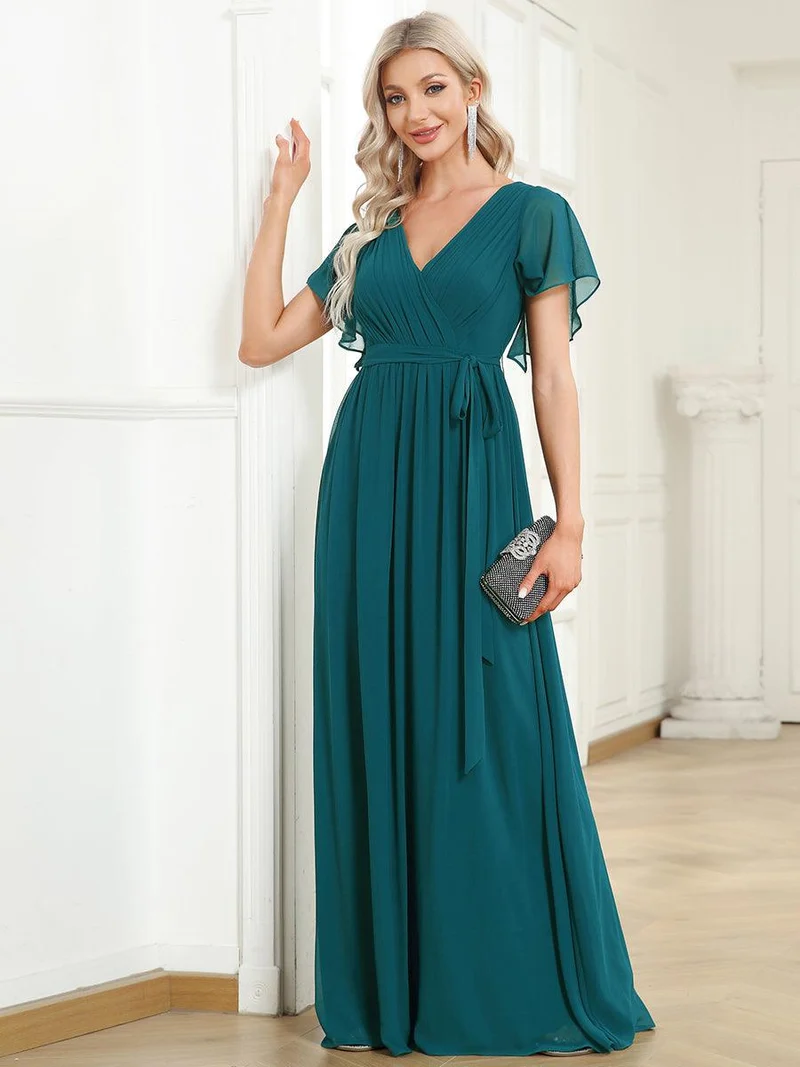ever LEORA|Robe d’invitée de mariage en mousseline de soie à col V et à manches flottantes