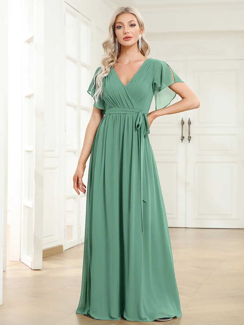 ever LEORA|Robe d’invitée de mariage en mousseline de soie à col V et à manches flottantes
