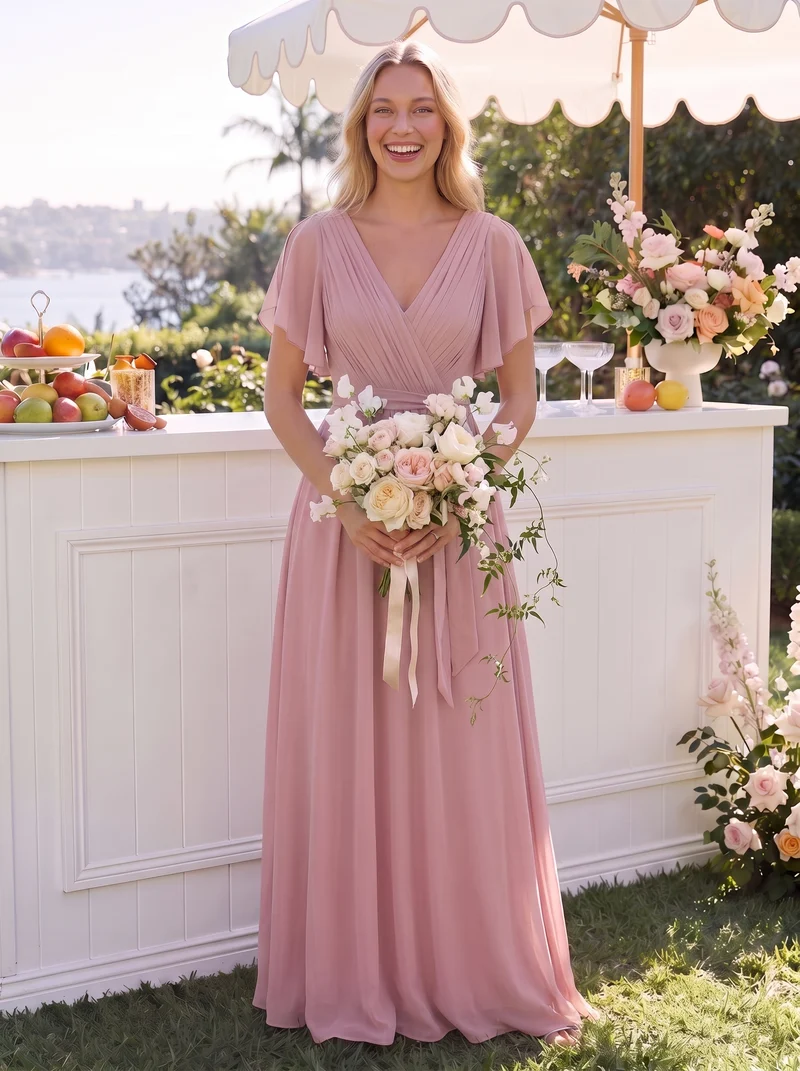 ever LEORA|Robe demoiselle d'honneur en mousseline à encolure en V et à manches flottantes