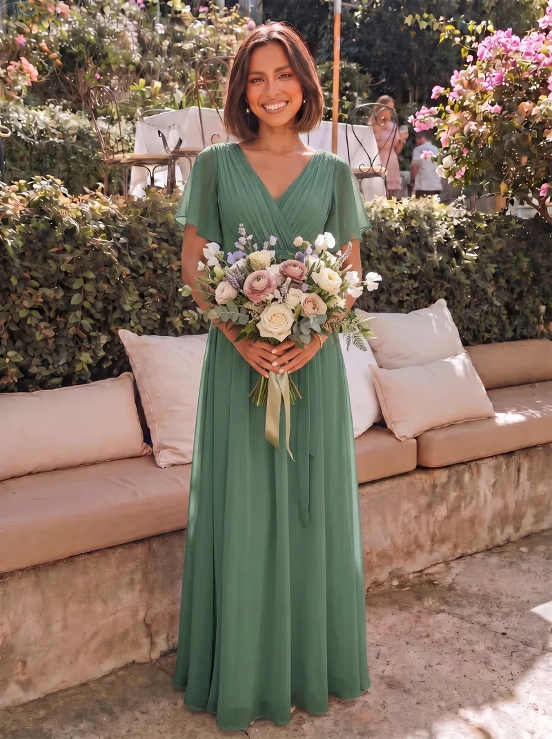 ever LEORA|Robe demoiselle d'honneur en mousseline à encolure en V et à manches flottantes