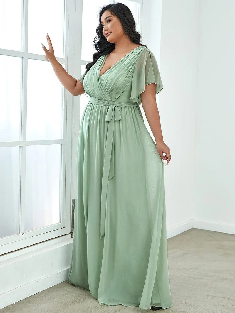 pretty LEORA|Robe de soirée en mousseline de soie longue de grande taille à encolureen V Maxi