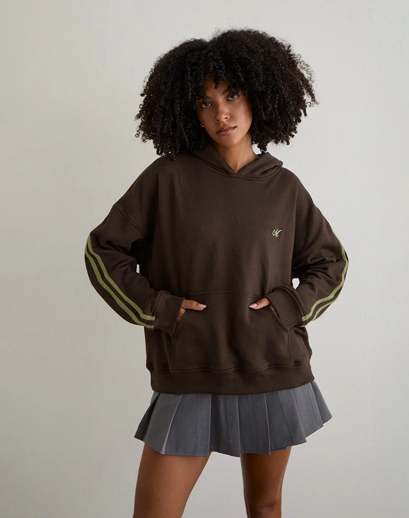 Sweat à capuche Lingwu en chocolat amer avec reliure verte et broderie M
