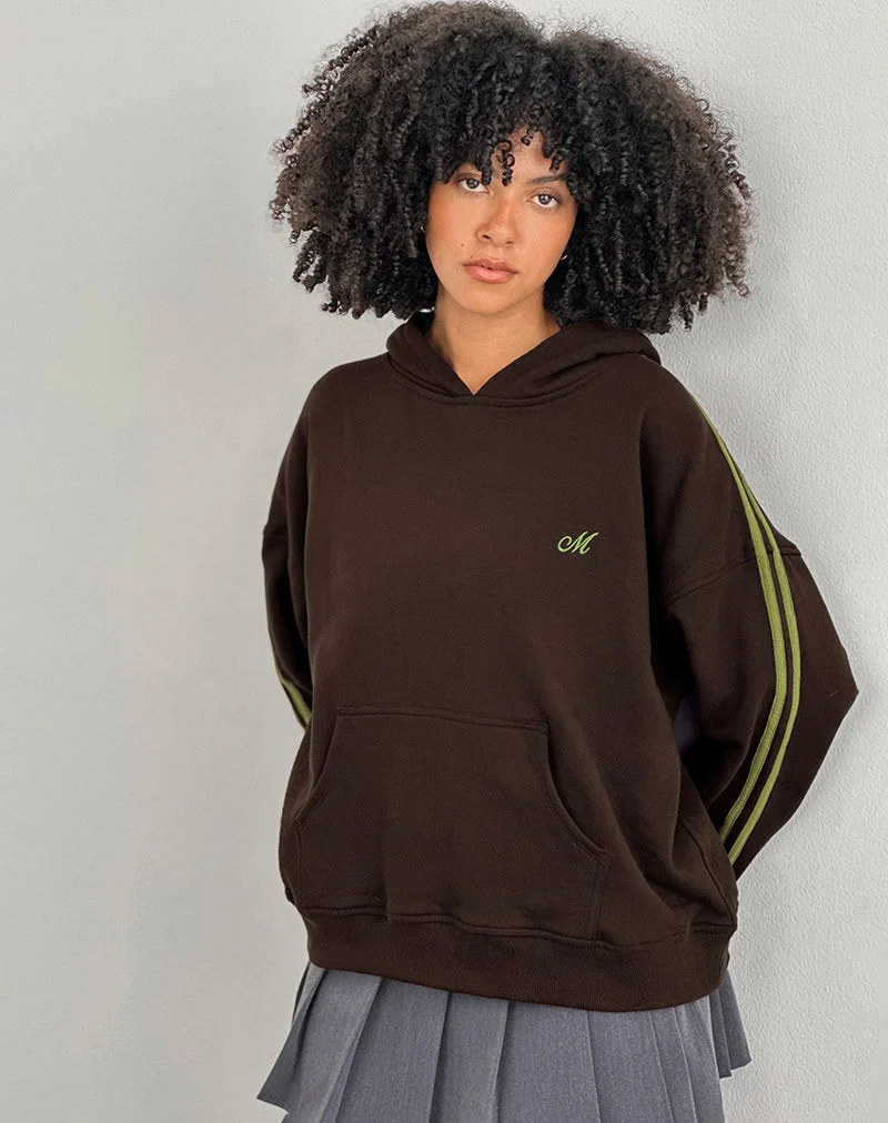 Sweat à capuche Lingwu en chocolat amer avec reliure verte et broderie M