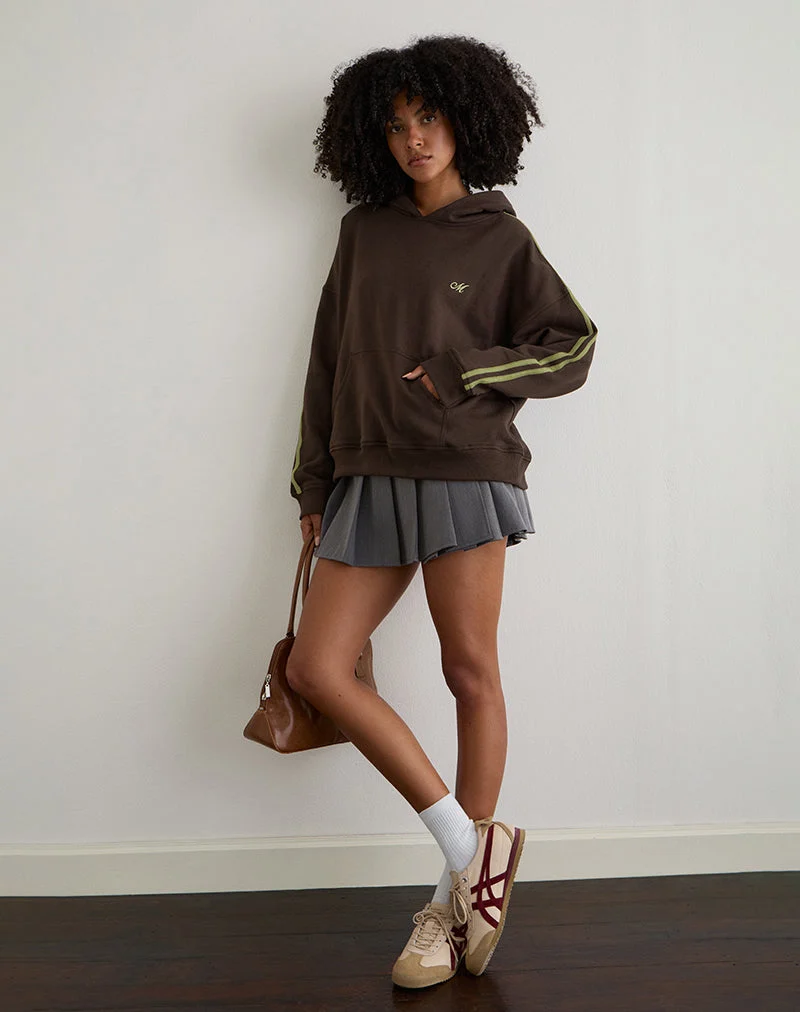 Sweat à capuche Lingwu en chocolat amer avec reliure verte et broderie M