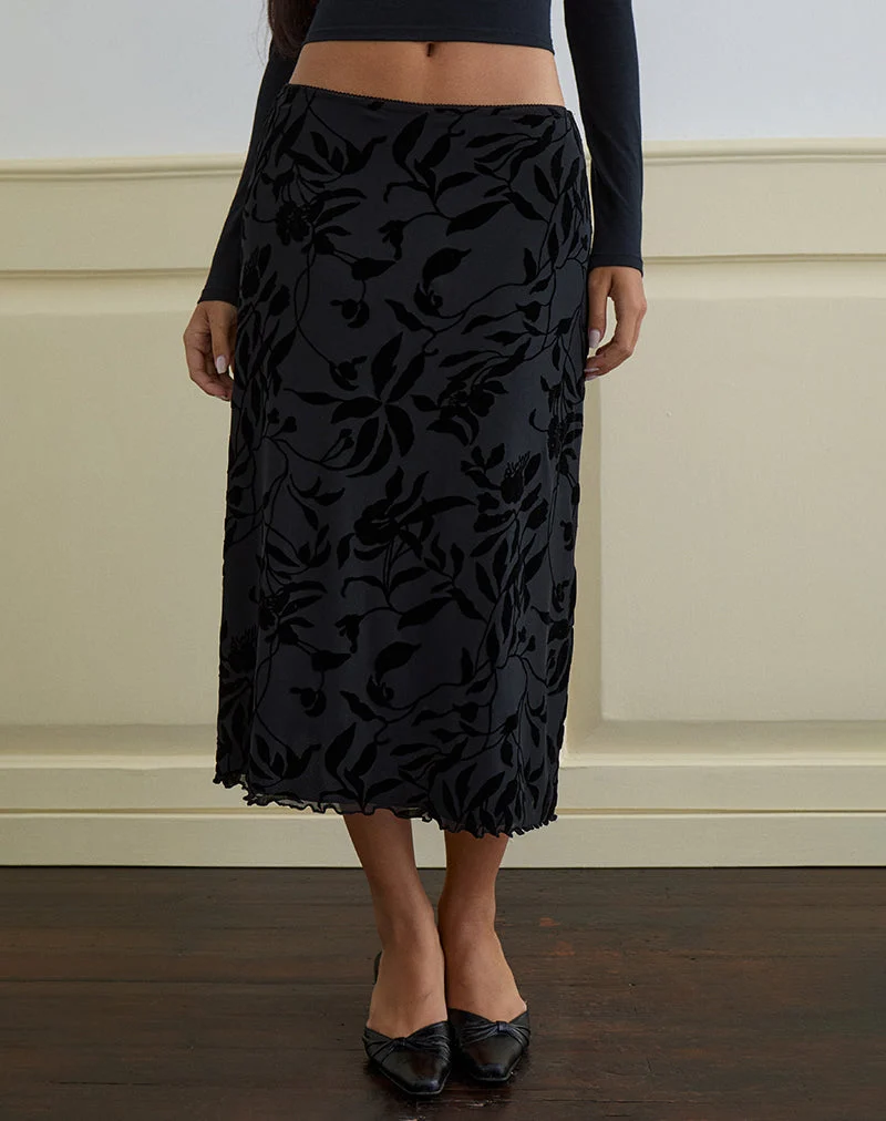 Jupe midi Atira, Flock Leaf Flower Black