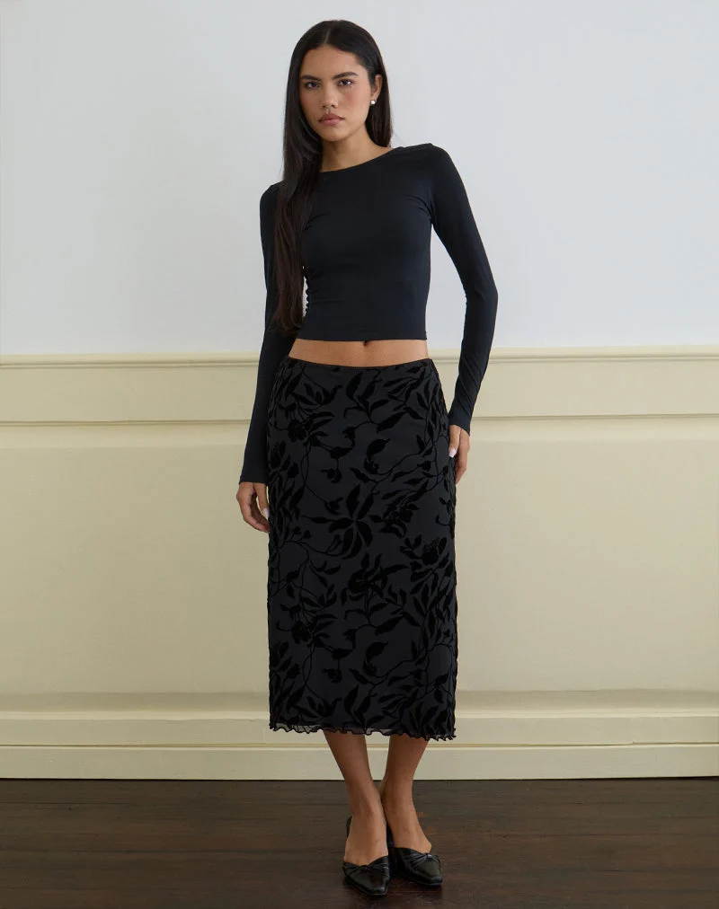 Jupe midi Atira, Flock Leaf Flower Black