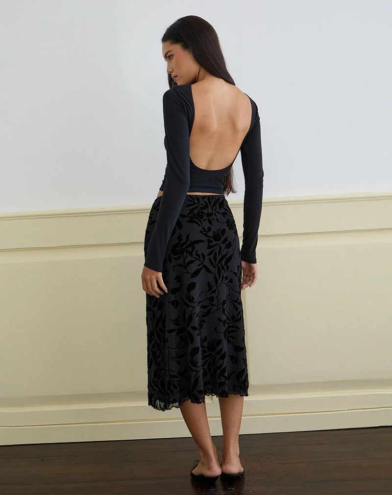 Jupe midi Atira, Flock Leaf Flower Black