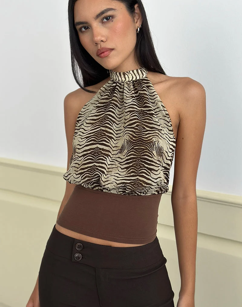 Haut dos nu Rania en mousseline imprimé animalier, couleur marron « Align »