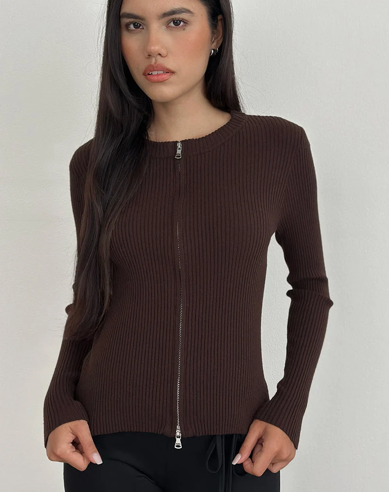 Liano Cardigan zippé en tricot côtelé marron