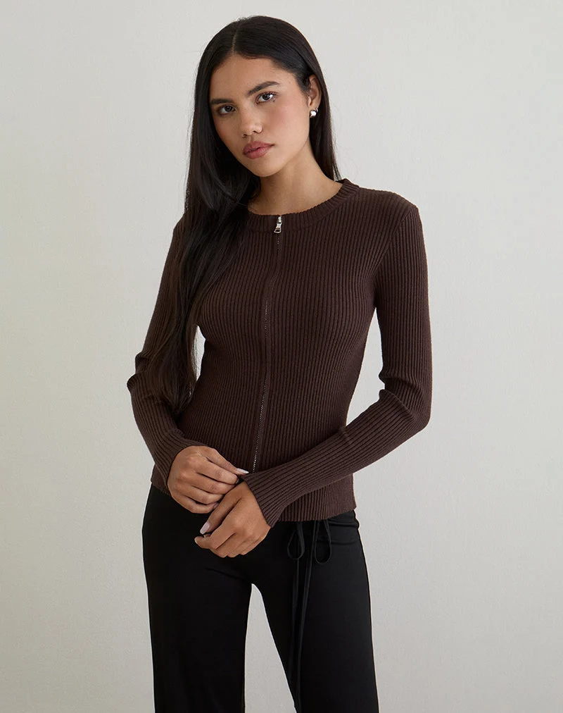Liano Cardigan zippé en tricot côtelé marron