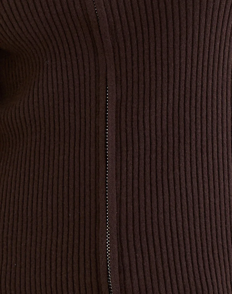 Liano Cardigan zippé en tricot côtelé marron