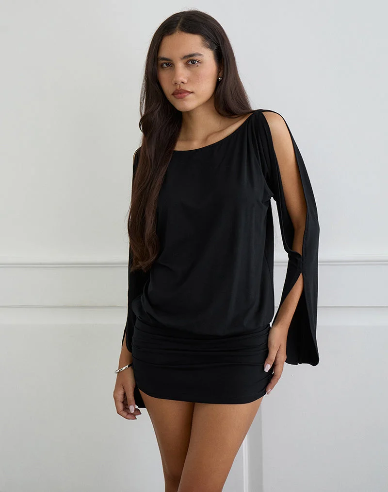 Sybe Cut Batwing Sleeve Mini Dress in Black